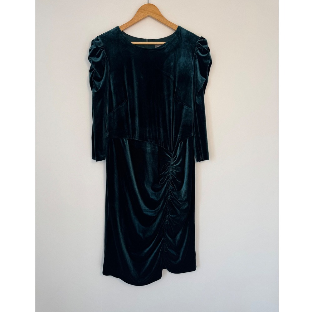 Elegant Vince Camuto Velvet‎ Ruched Sheath Dress Women 14 Emerald Green